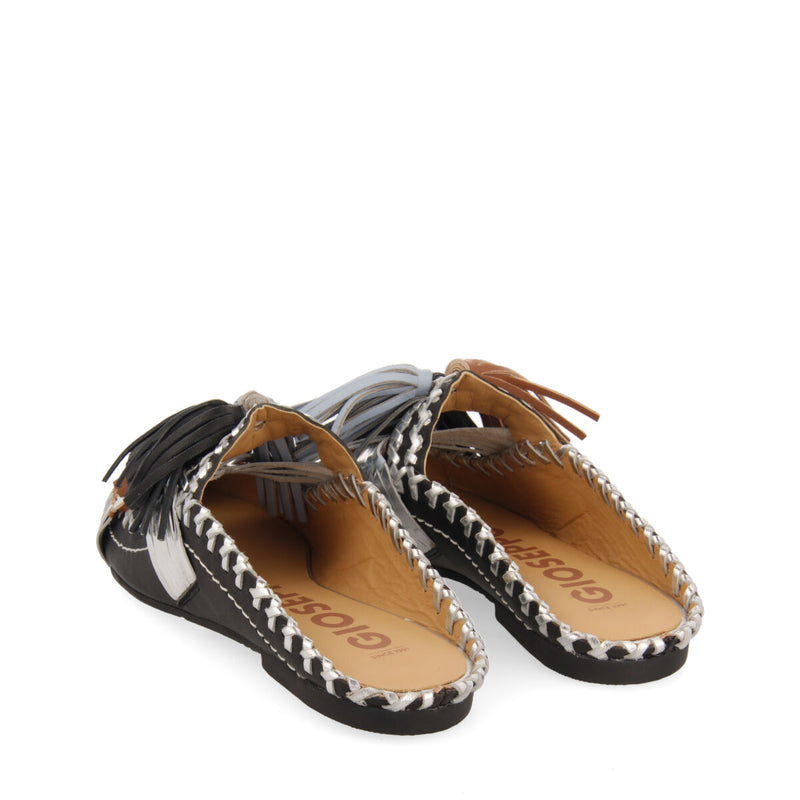 Papantla women's black leather mules with tassels