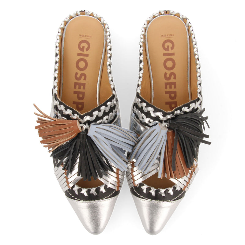 Papantla women's black leather mules with tassels
