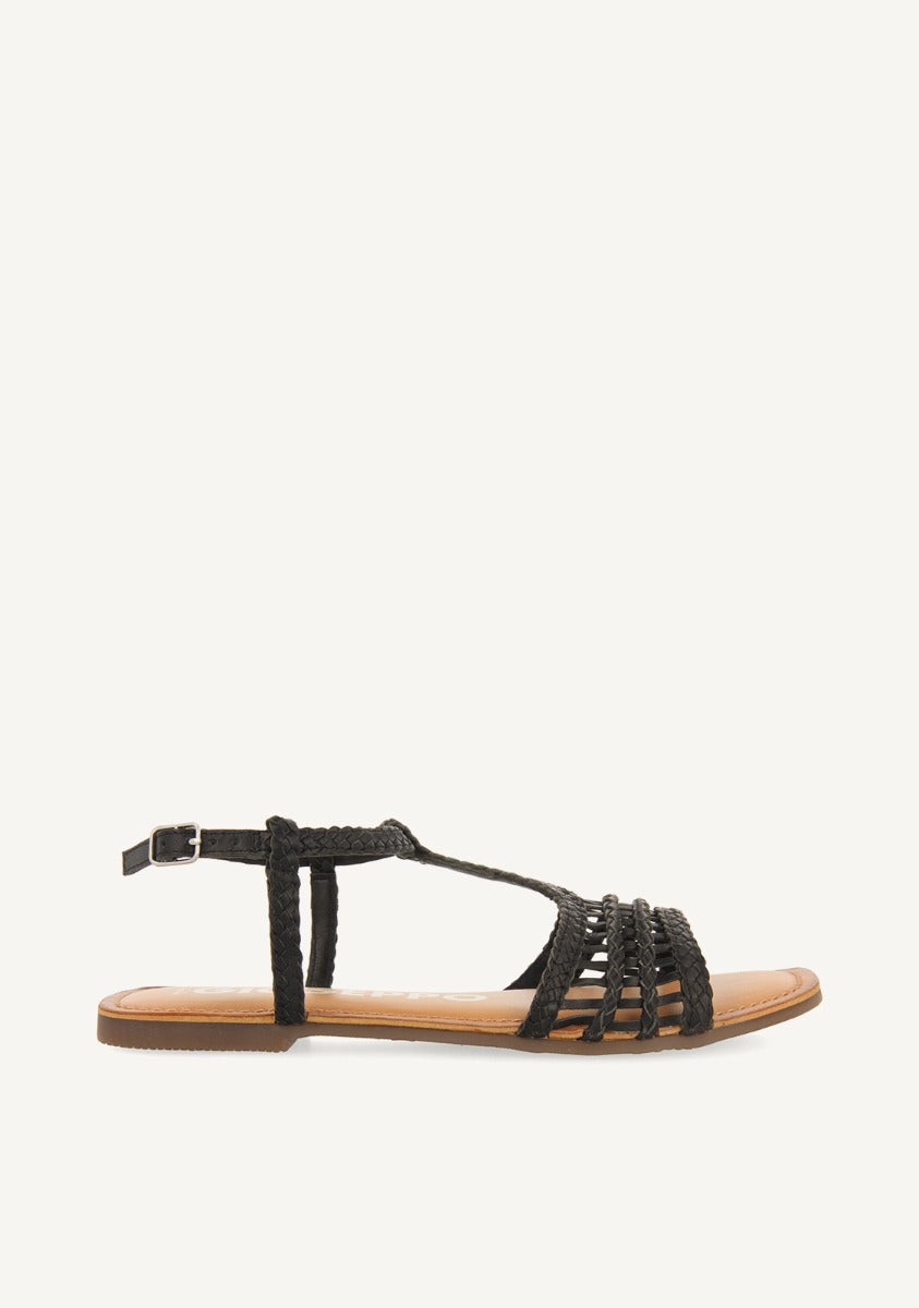 Icari women's flat black braided leather sandals