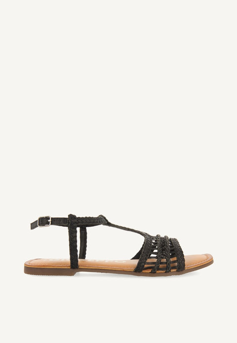 SANDALIAS PLANAS NEGRAS DE PIEL TRENZADAS PARA MUJER ICARI 