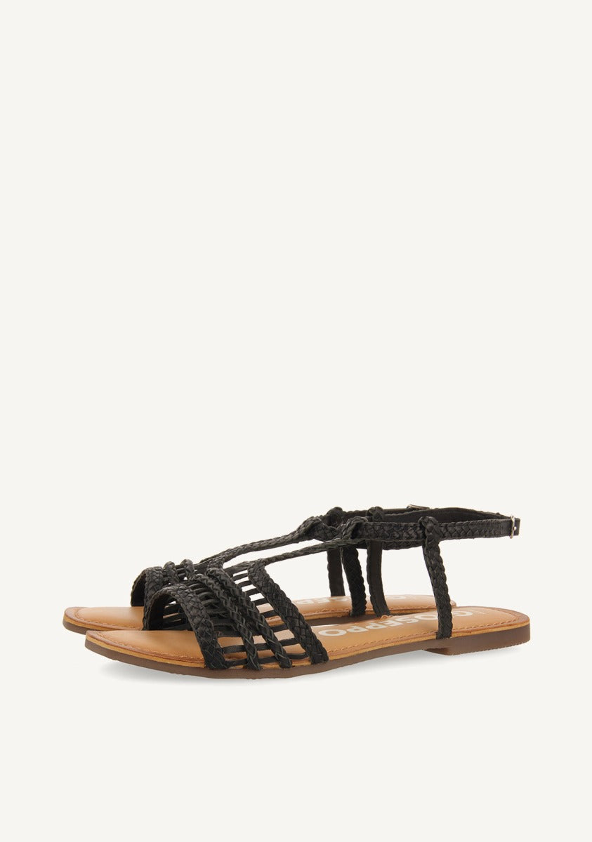 Icari women's flat black braided leather sandals