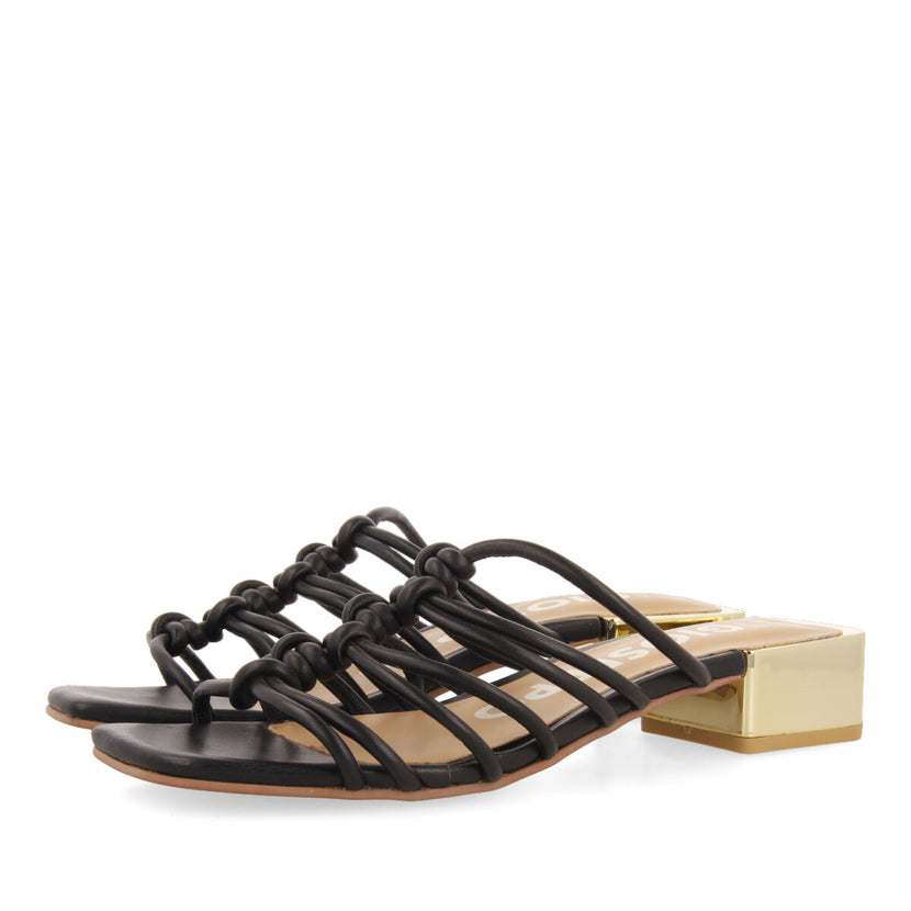 Kupang women's black leather sandals with low heels and straps with knots