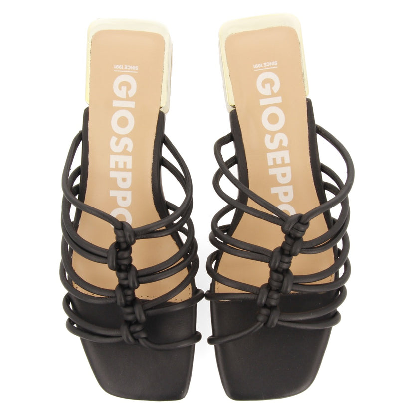 Kupang women's black leather sandals with low heels and straps with knots