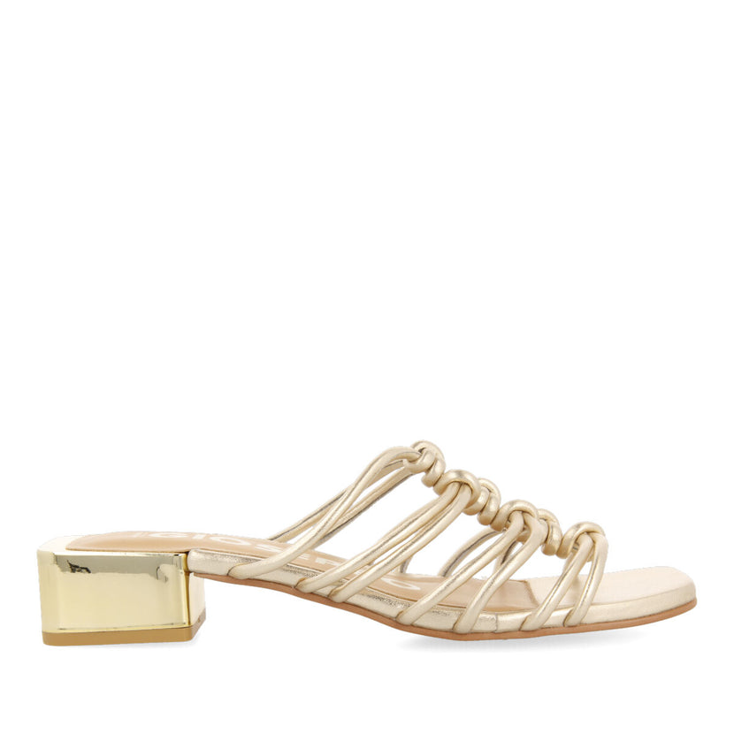 Kupang women's gold leather sandals with low heels and straps with knots