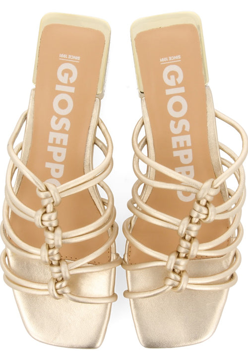 Kupang women's gold leather sandals with low heels and straps with knots