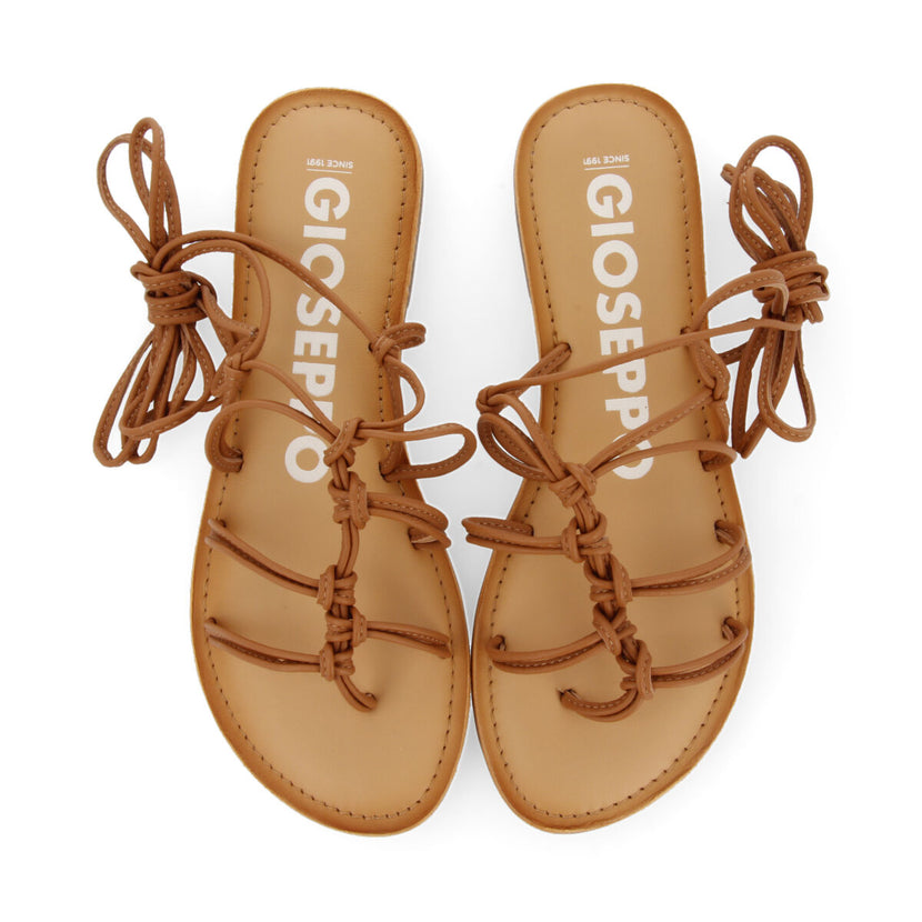 Sandalias planas de piel color cuero con tiras finas y detalle de nudos para mujer mambai 