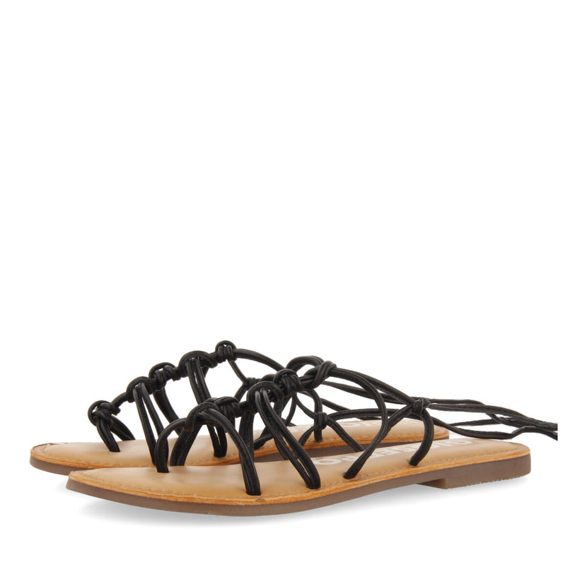 Sandalias planas de piel negras con tiras finas y detalle de nudos para mujer mambai 