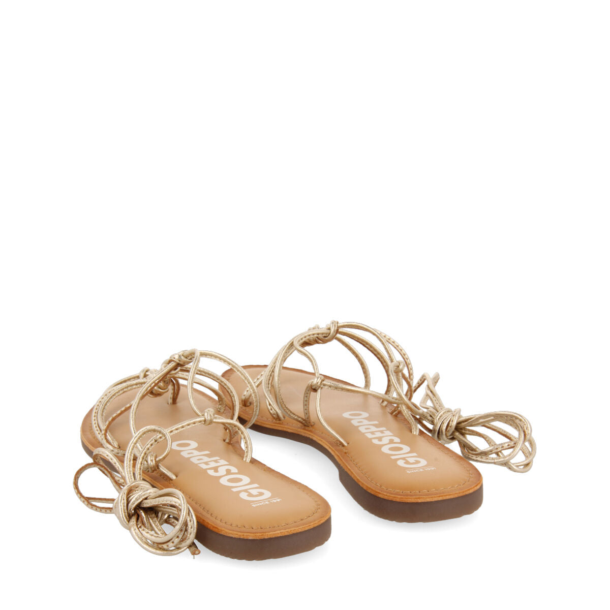 Kern women's flat gold leather sandals with thin straps and decorative knots