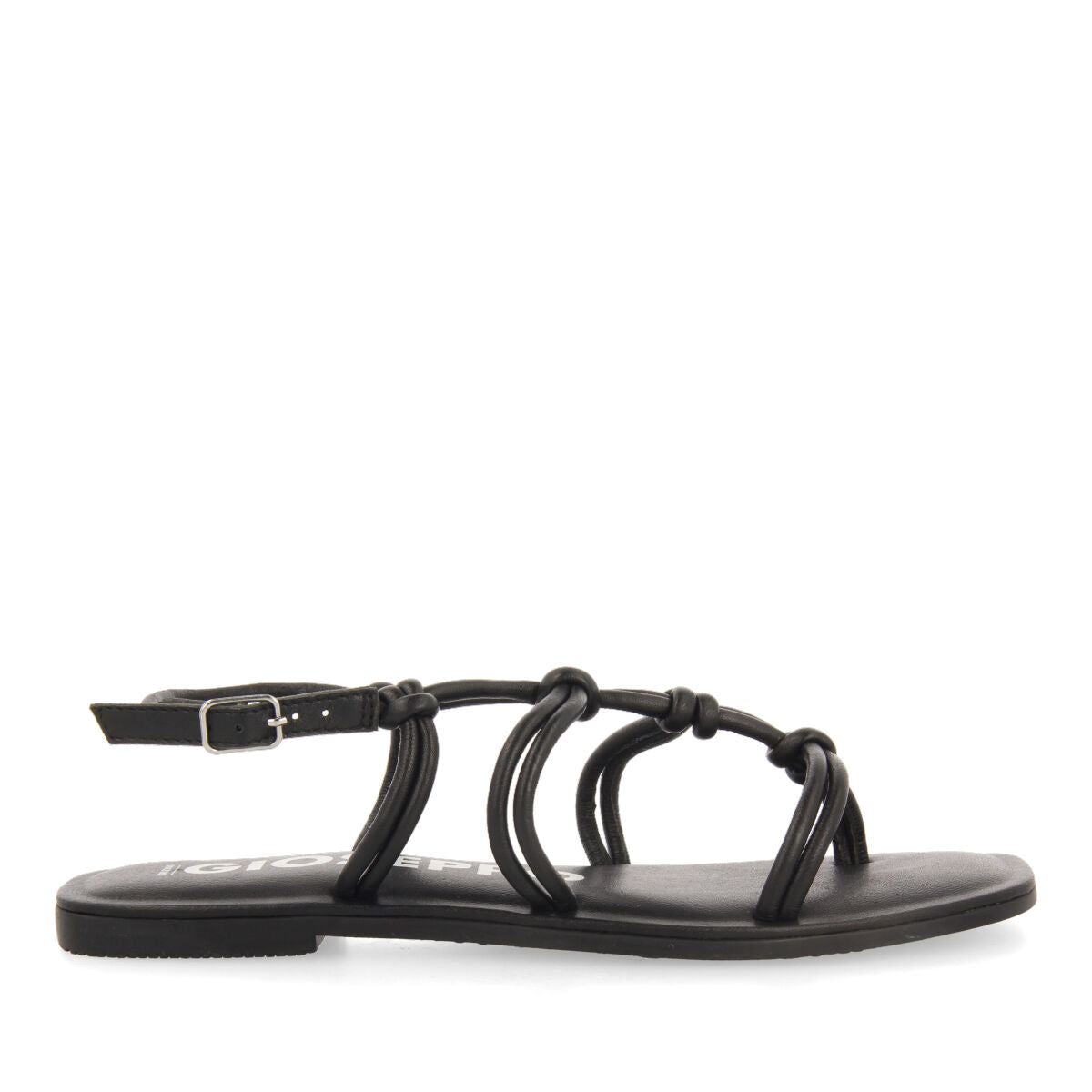 Matinha women's flat black leather sandals with thin straps and decorative knots