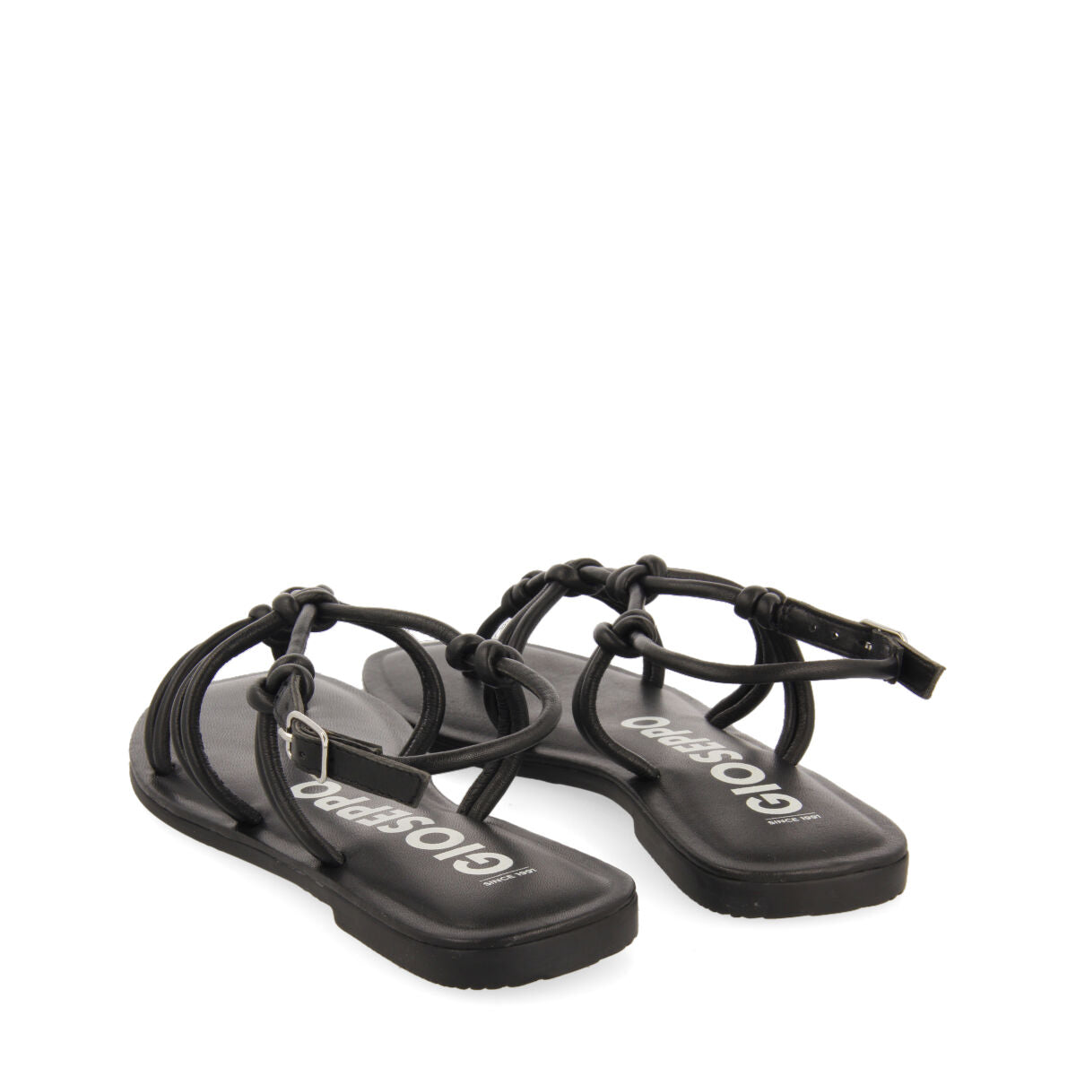 Matinha women's flat black leather sandals with thin straps and decorative knots