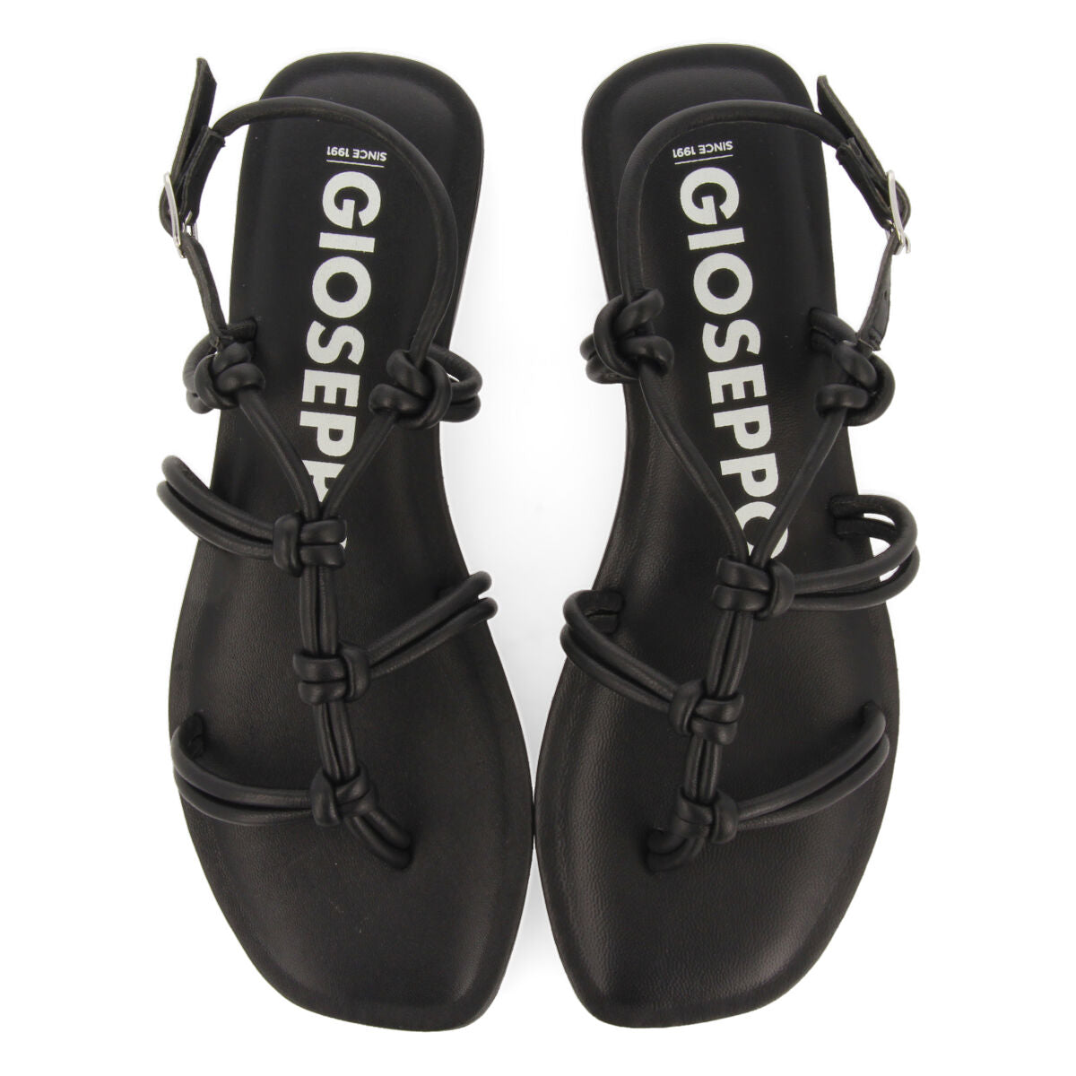 Matinha women's flat black leather sandals with thin straps and decorative knots