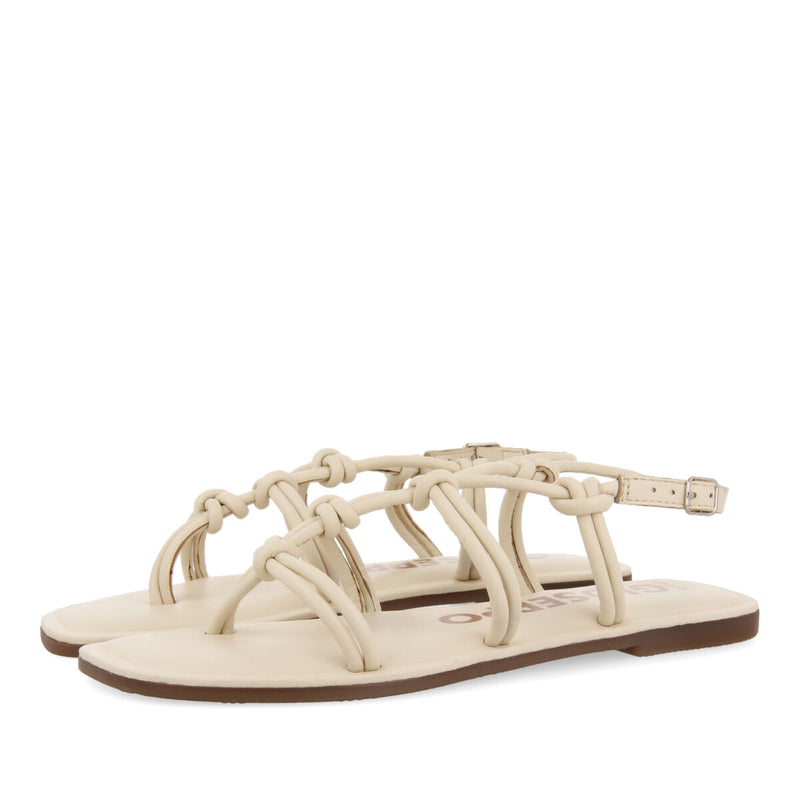 Matinha women's flat off-white leather sandals with thin straps and decorative knots