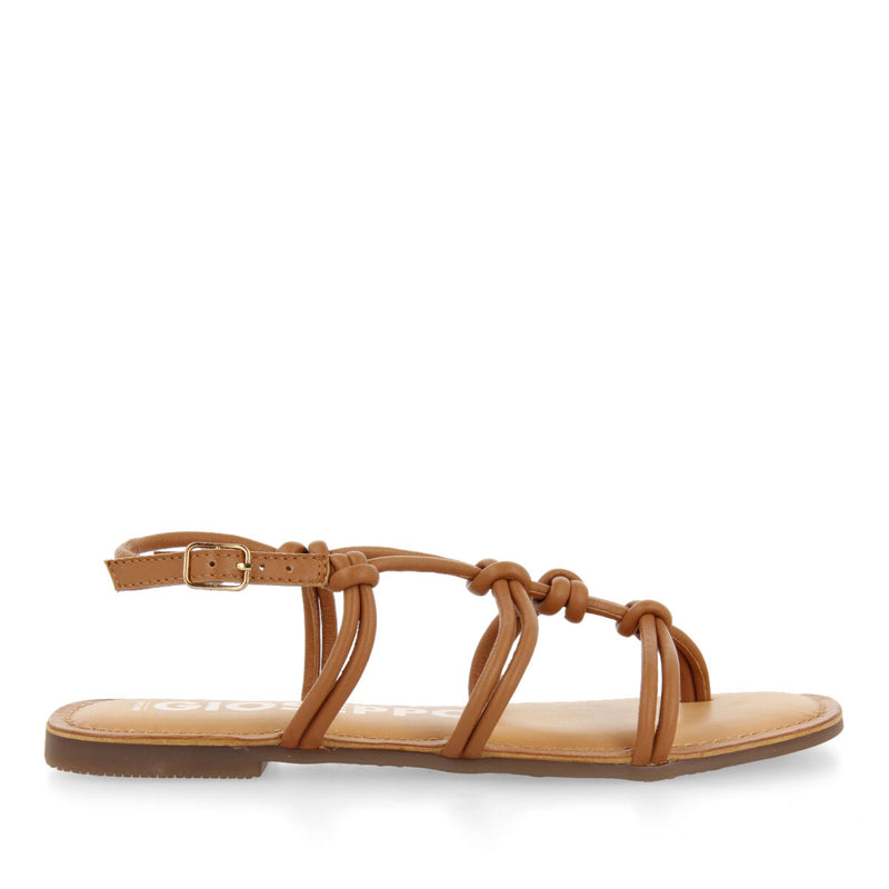 Sandalias planas de color cuero con tiras finas y detalle de nudos para mujer rosny 