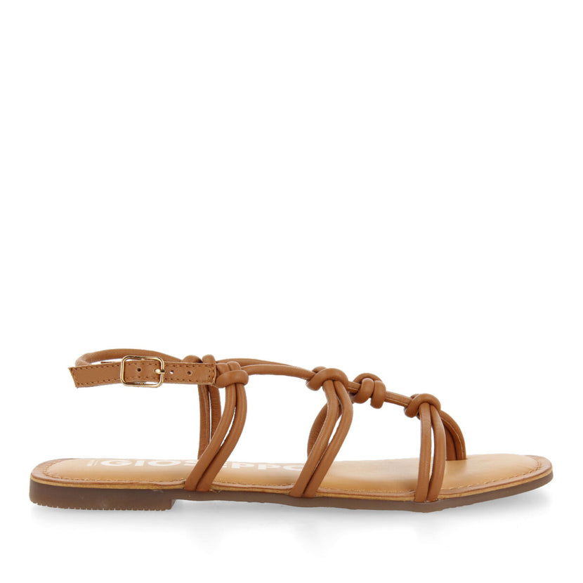 Sandalias planas de color cuero con tiras finas y detalle de nudos para mujer rosny 
