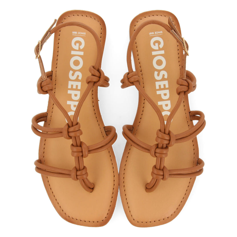 Sandalias planas de color cuero con tiras finas y detalle de nudos para mujer rosny 