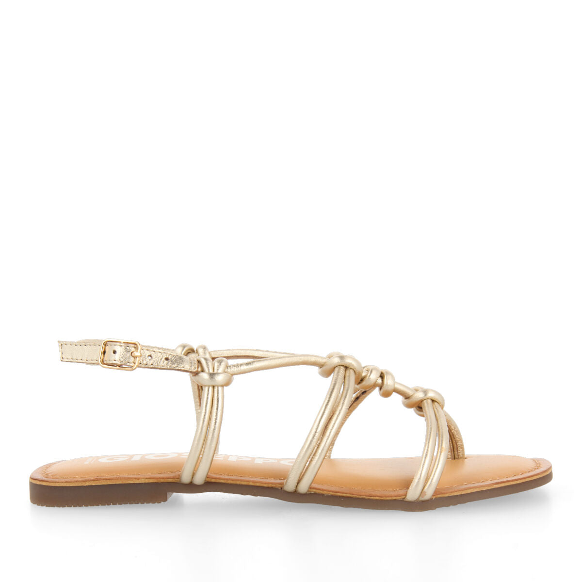 Rosny women's flat gold leather sandals with thin straps and decorative knots
