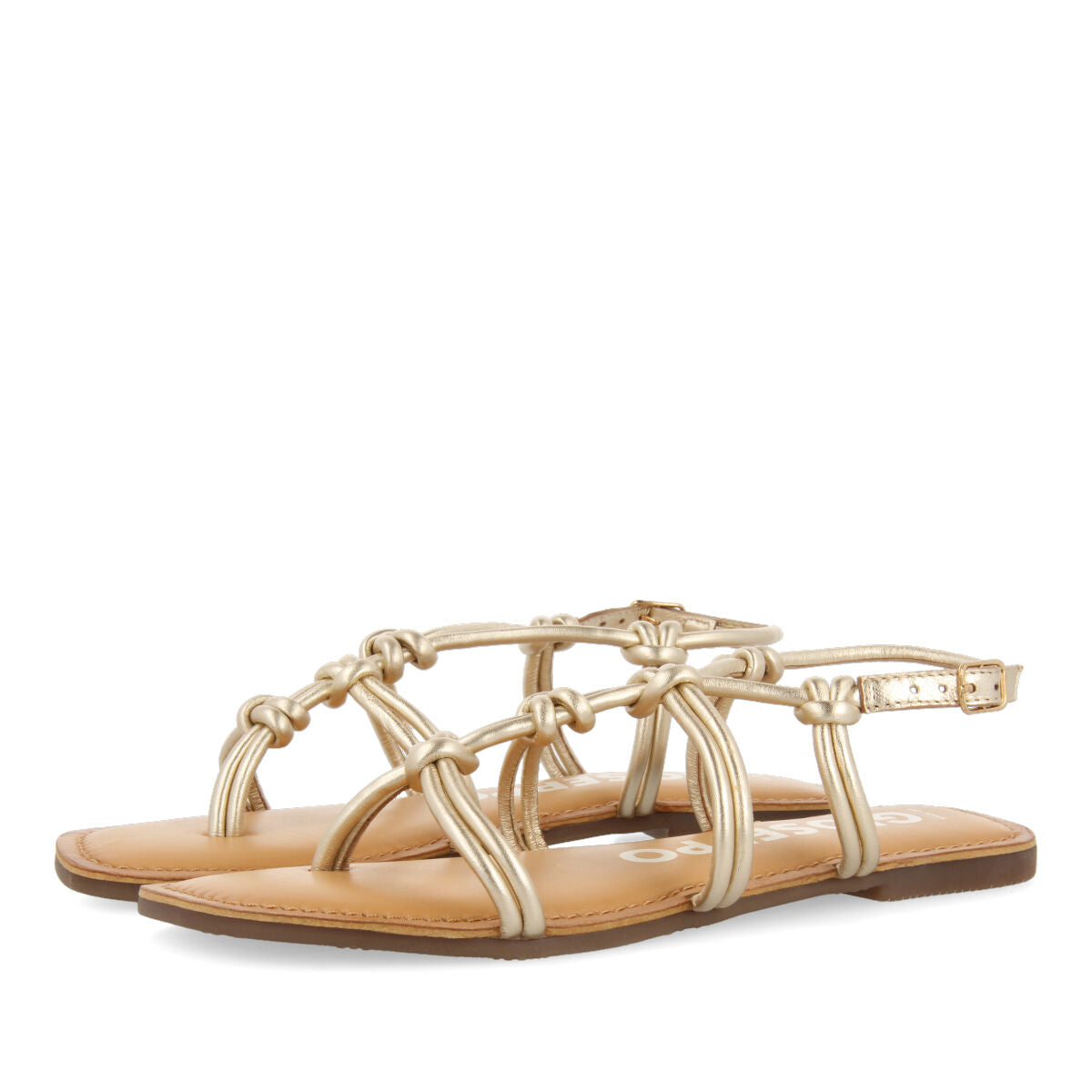 Rosny women's flat gold leather sandals with thin straps and decorative knots