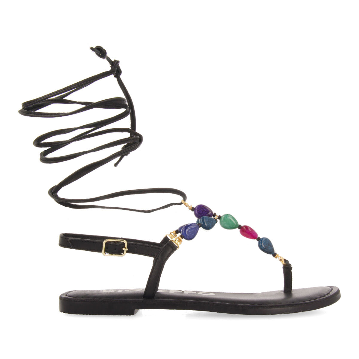 Escles women's leather sandals with decorative multicoloured beads
