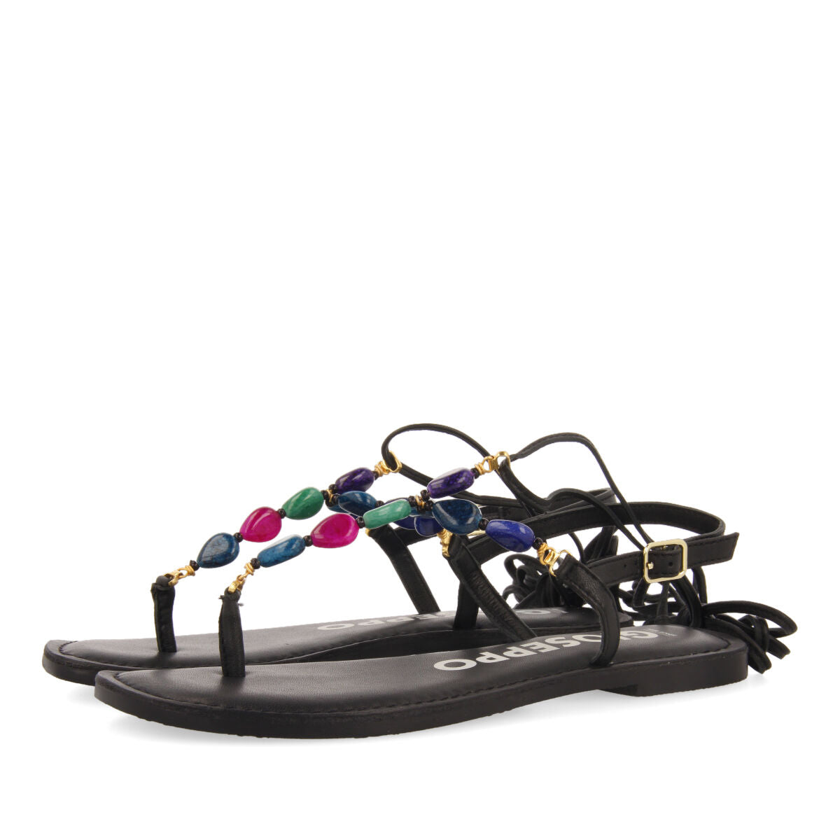 Escles women's leather sandals with decorative multicoloured beads