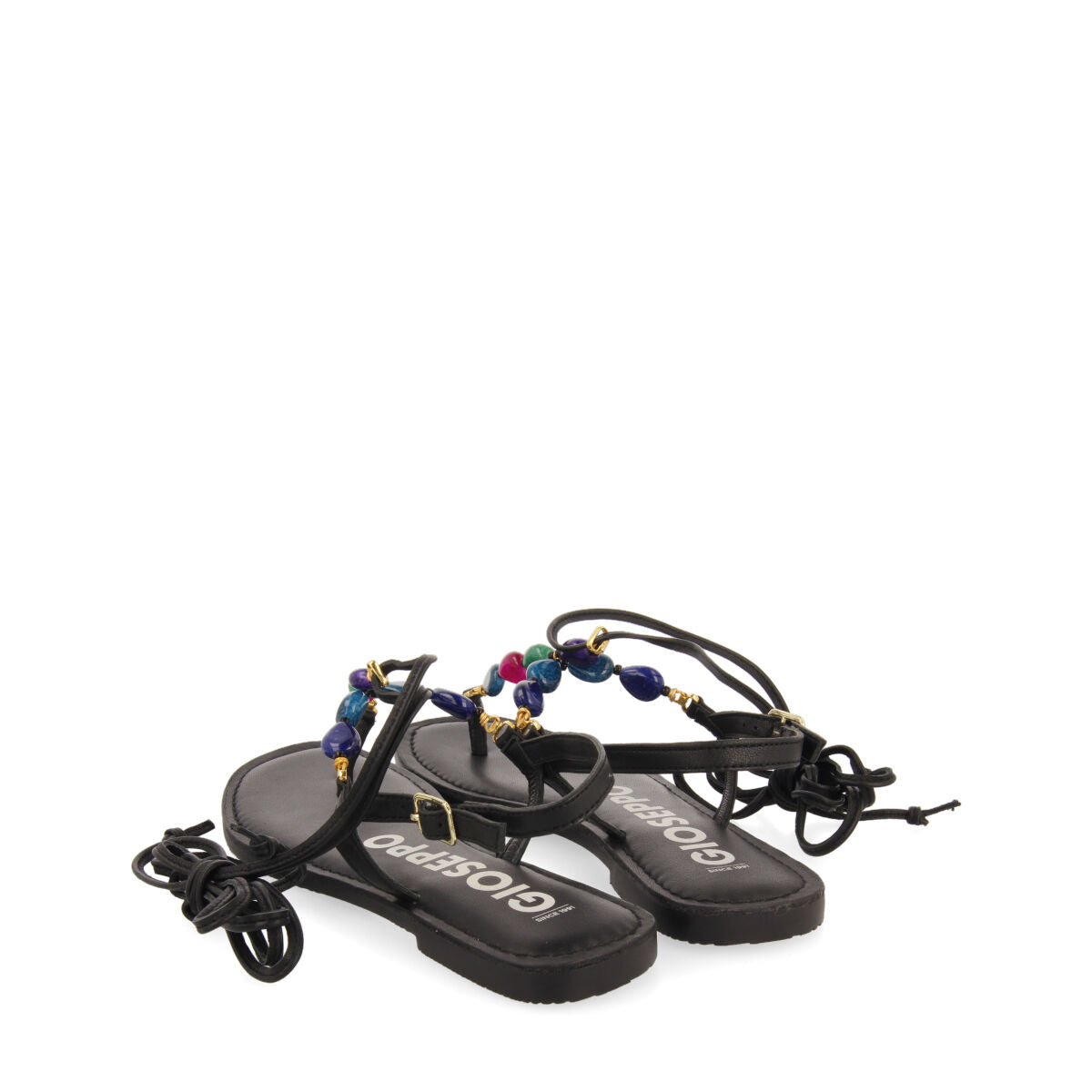 Escles women's leather sandals with decorative multicoloured beads