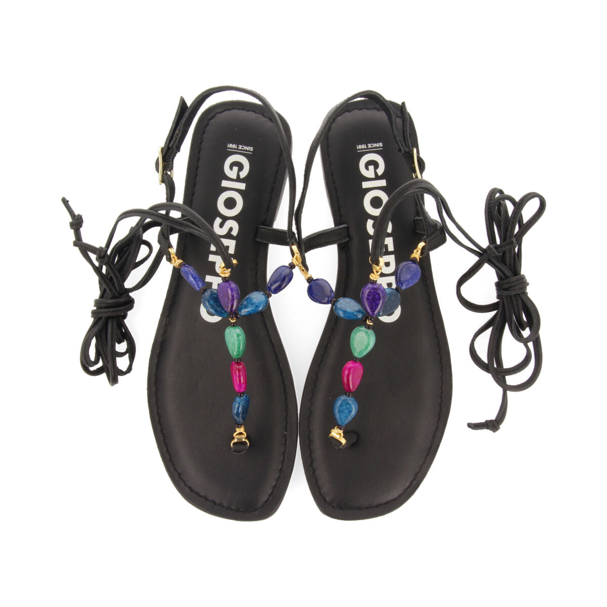 Escles women's leather sandals with decorative multicoloured beads