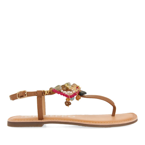 SANDALIAS COLOR CUERO CON DETALLE DE CUENTAS MULTICOLOR PARA MUJER COLLAN 