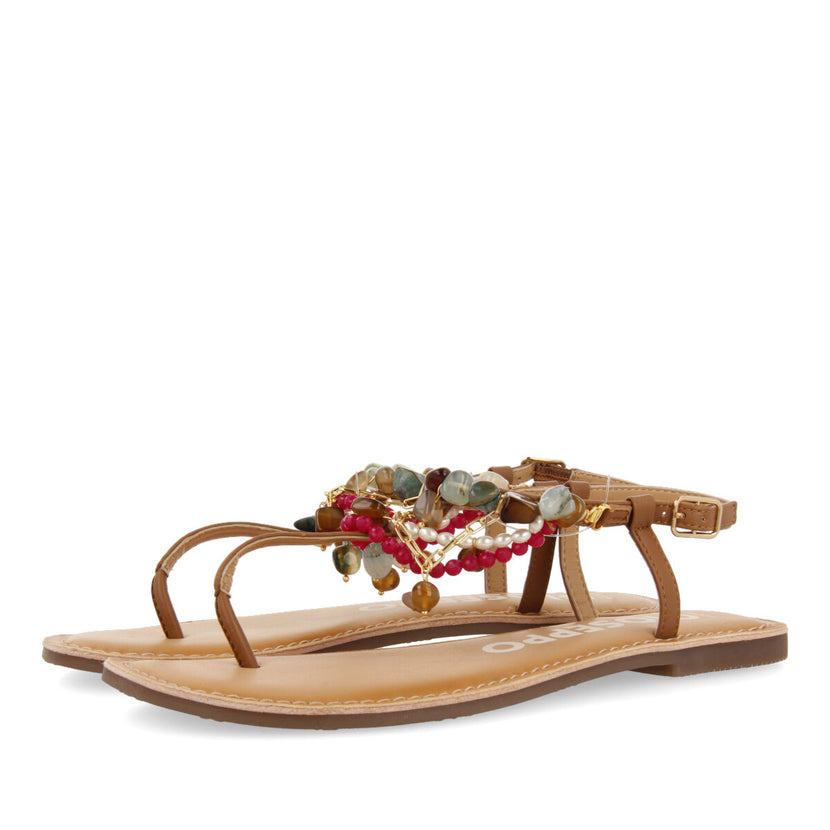 Sandalias color cuero con detalle de cuentas multicolor para mujer collan 