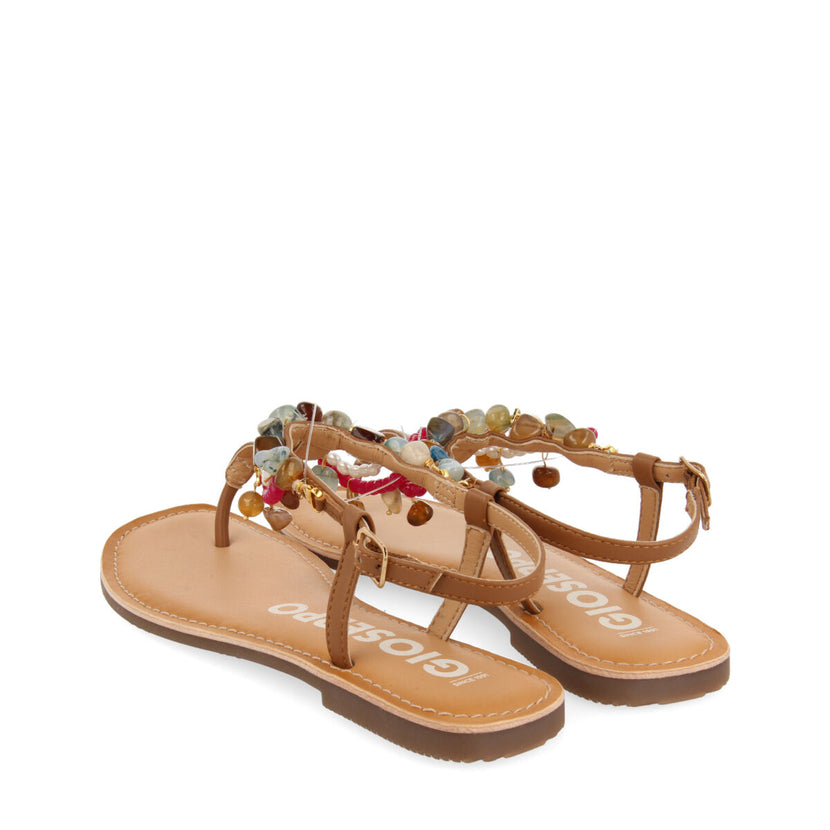 Sandalias color cuero con detalle de cuentas multicolor para mujer collan 