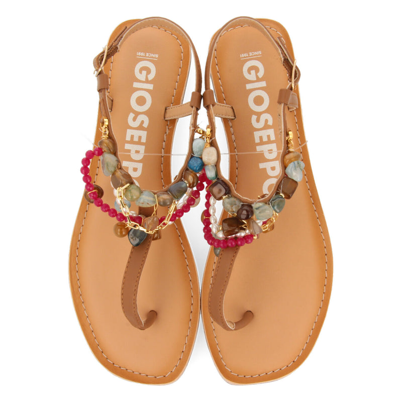 Sandalias color cuero con detalle de cuentas multicolor para mujer collan 