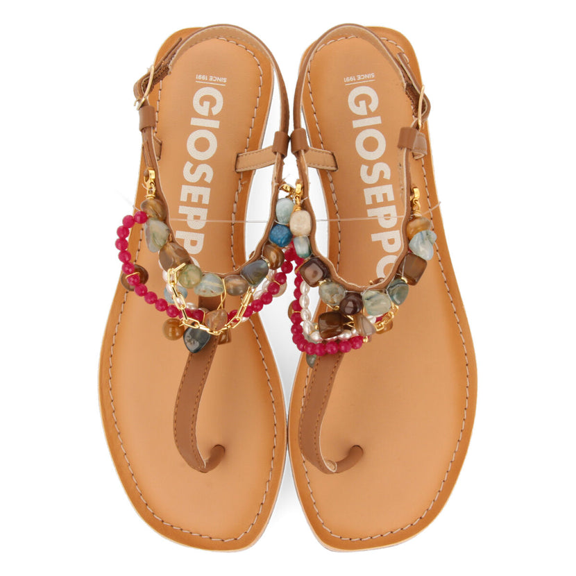 Sandalias color cuero con detalle de cuentas multicolor para mujer collan 
