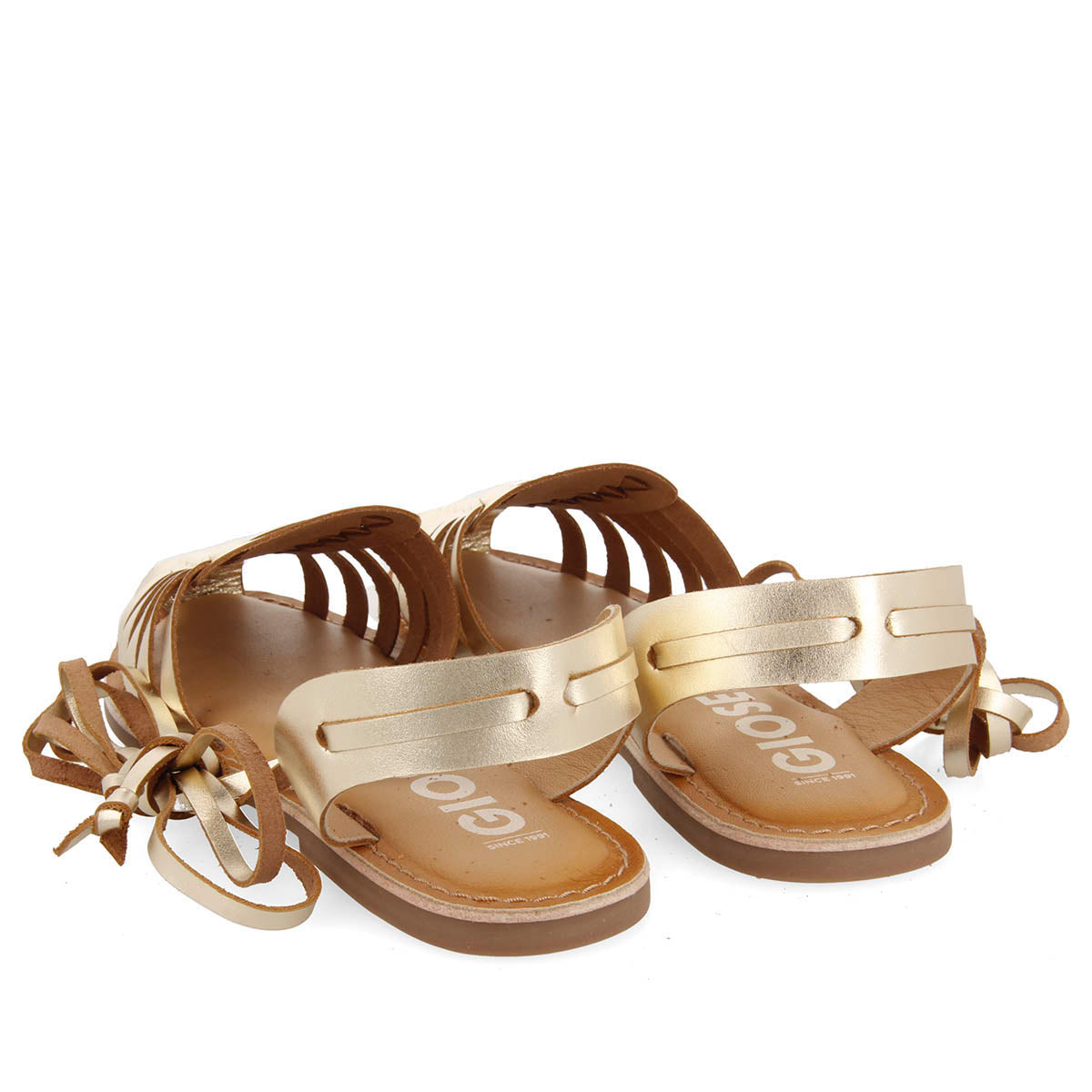 Sandálias douradas com aberturas de estética romana com cordões para mulher ransart