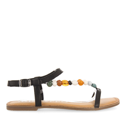 SANDALIAS NEGRAS DE PIEL CON DETALLE DE CUENTAS MULTICOLOR PARA MUJER COINCY 