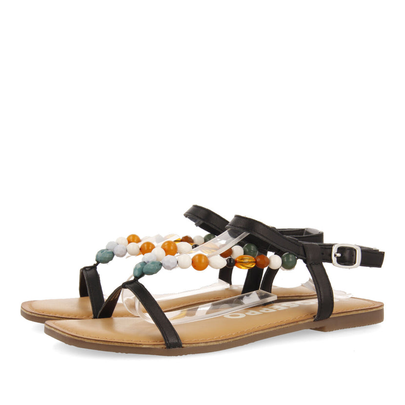 Sandalias negras de piel con detalle de cuentas multicolor para mujer coincy 