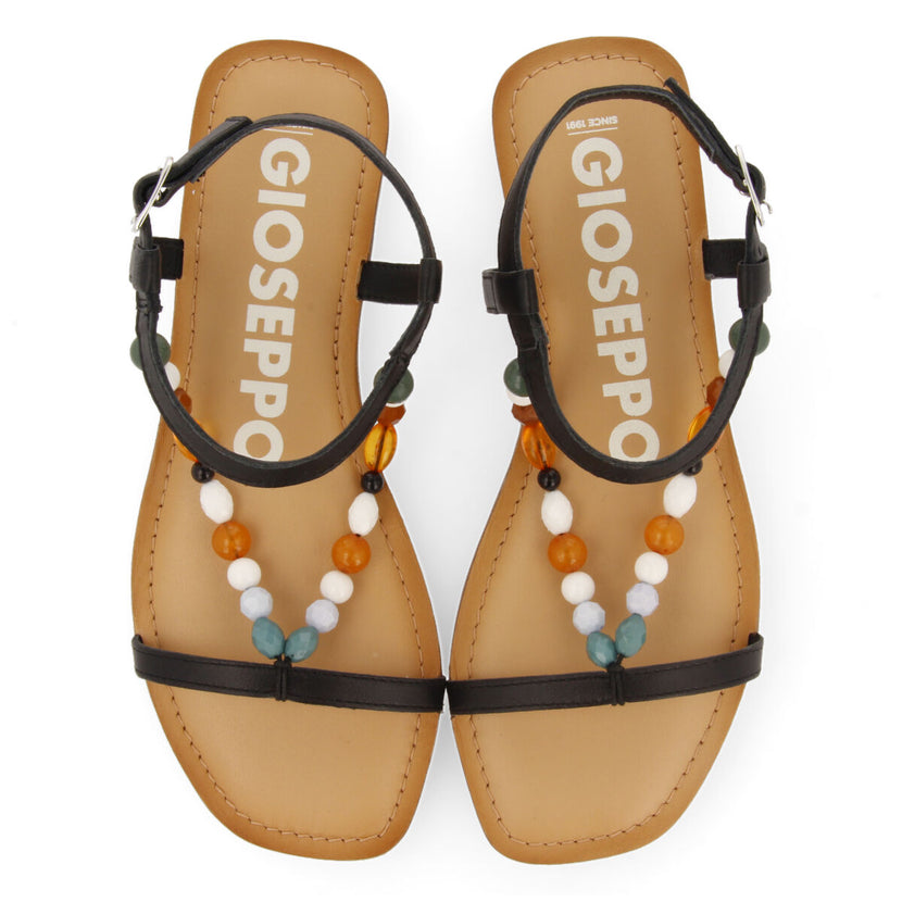 Sandalias negras de piel con detalle de cuentas multicolor para mujer coincy 