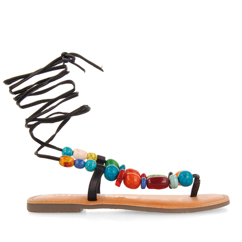 Sandalias negras de piel con detalle de cuentas multicolor para mujer challex  
