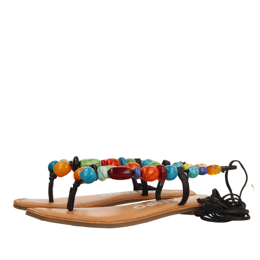 Sandalias negras de piel con detalle de cuentas multicolor para mujer challex  