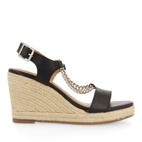 SANDALIAS NEGRAS DE PIEL CON DETALLE DE CADENA Y CUÑA DE YUTE PARA MUJER LOOZE