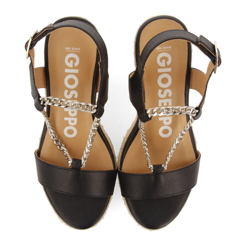 Sandalias negras de piel con detalle de cadena y cuña de yute para mujer looze