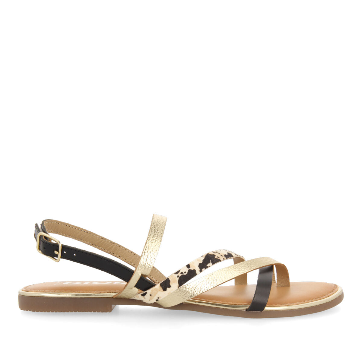 Sandalias con tiras en color dorado y estampado de vaca para mujer aracu