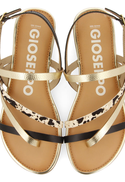 Sandalias con tiras en color dorado y estampado de vaca para mujer aracu