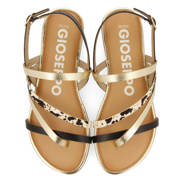 Sandalias con tiras en color dorado y estampado de vaca para mujer aracu