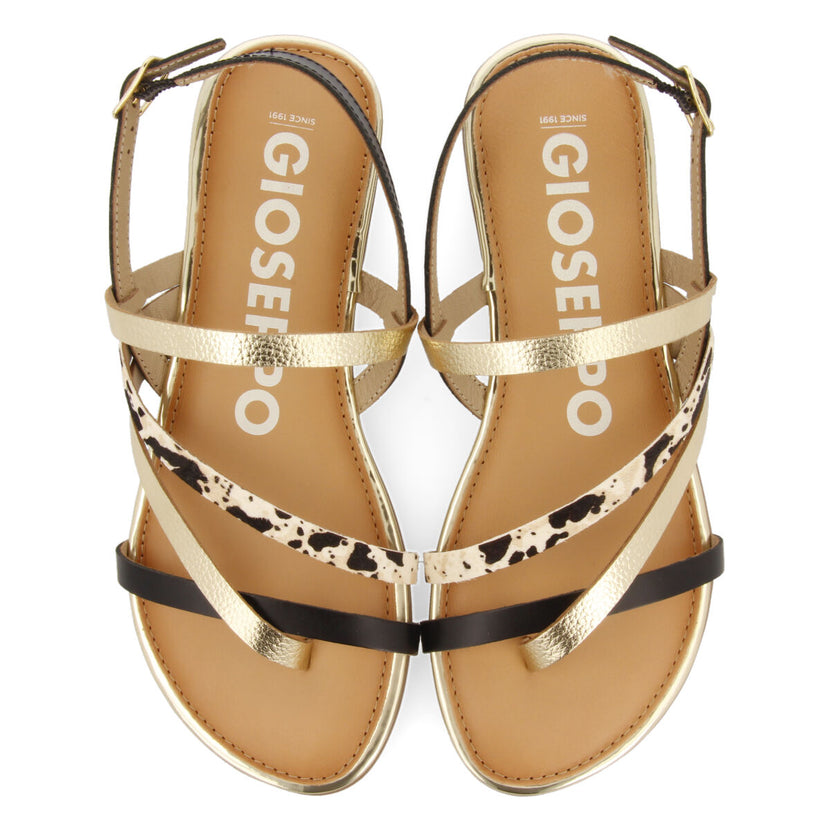 Sandalias con tiras en color dorado y estampado de vaca para mujer aracu