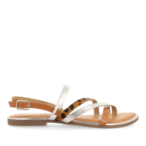 SANDALIAS CON TIRAS EN COLOR PLATA Y ESTAMPADO DE LEOPARDO PARA MUJER ARACU
