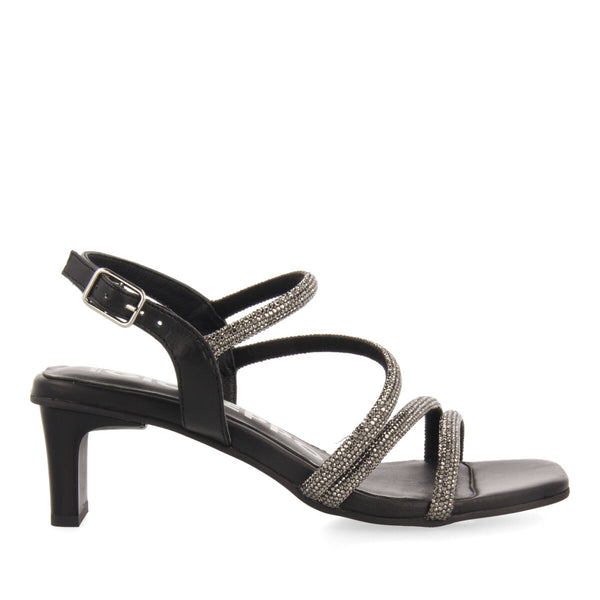 Sandalias negras de piel con tiras de strass y tacón para mujer arapua 