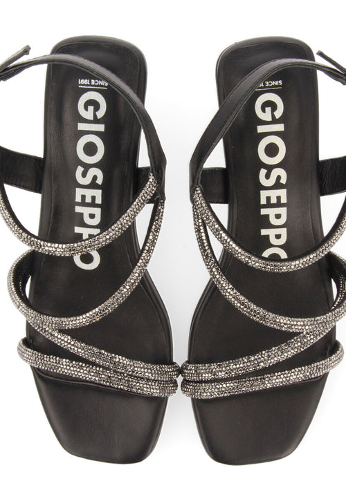 Sandalias negras de piel con tiras de strass y tacón para mujer arapua 