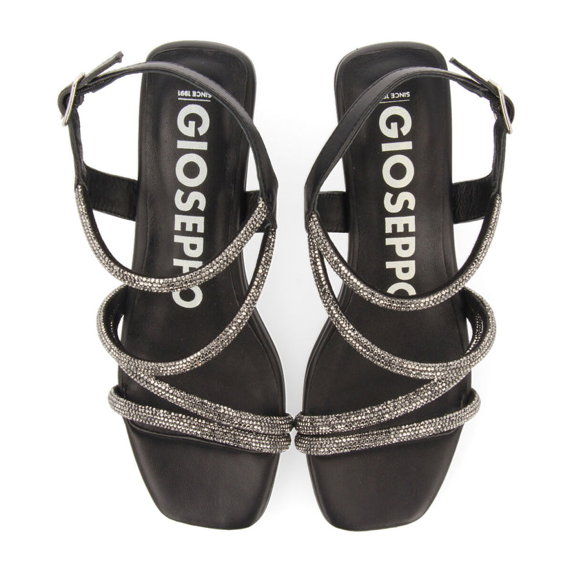 Sandalias negras de piel con tiras de strass y tacón para mujer arapua 