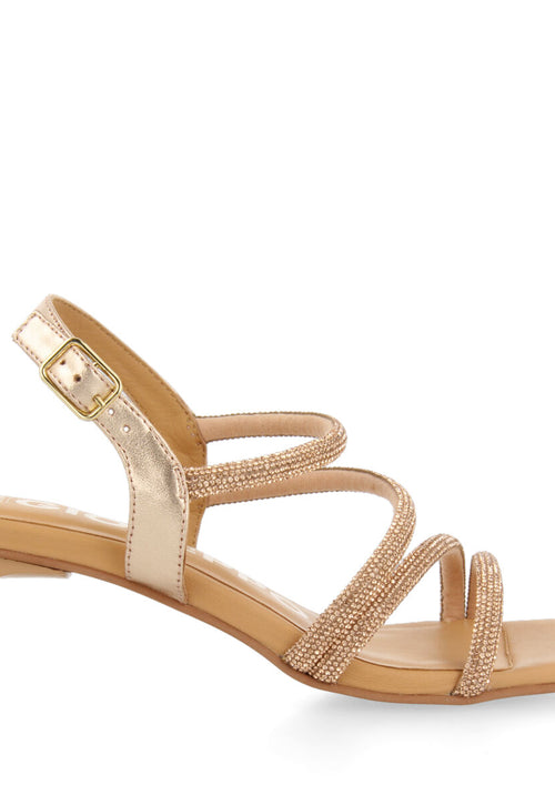 Sandalias oro rosado de piel con tiras de strass y tacón para mujer arapua 