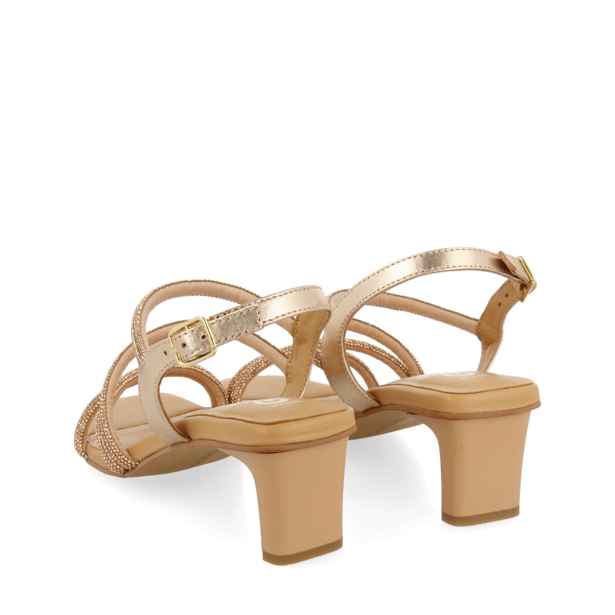Arapua women's rose gold leather sandals with heels and rhinestone straps