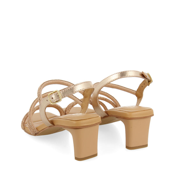 Sandalias oro rosado de piel con tiras de strass y tacón para mujer arapua 
