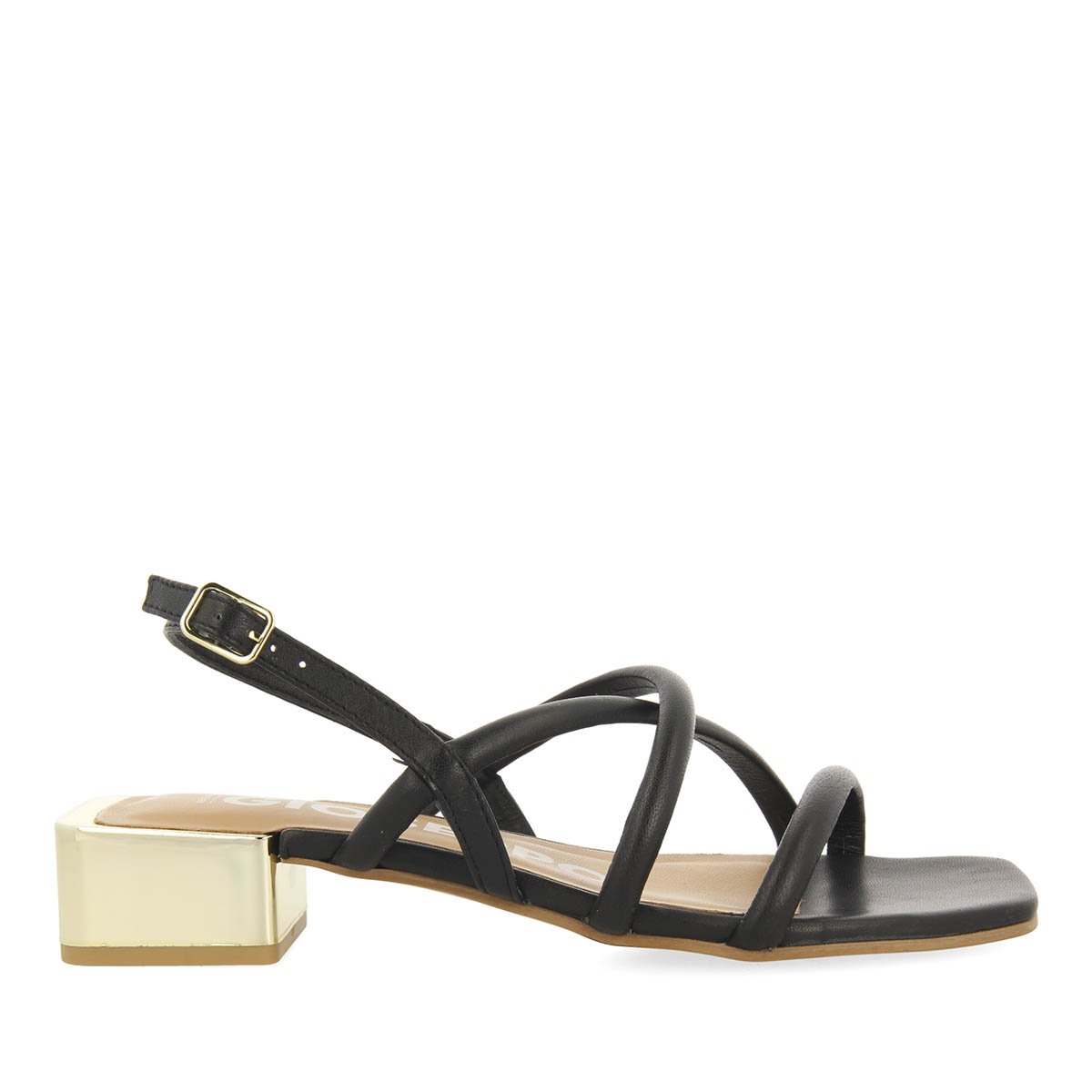 Caloocan women's black leather sandals with metallic heels